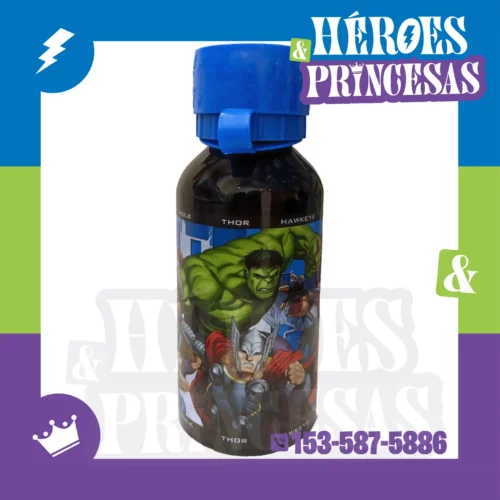 Botella de aluminio con diseño inspirado en superhéroes, producto infantil de Héroes y Princesas Lanús.