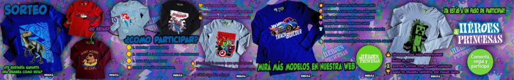 Sorteo de remeras con diseños de personajes únicos y estilo personalizado de Héroes y Princesas en Lanús.
